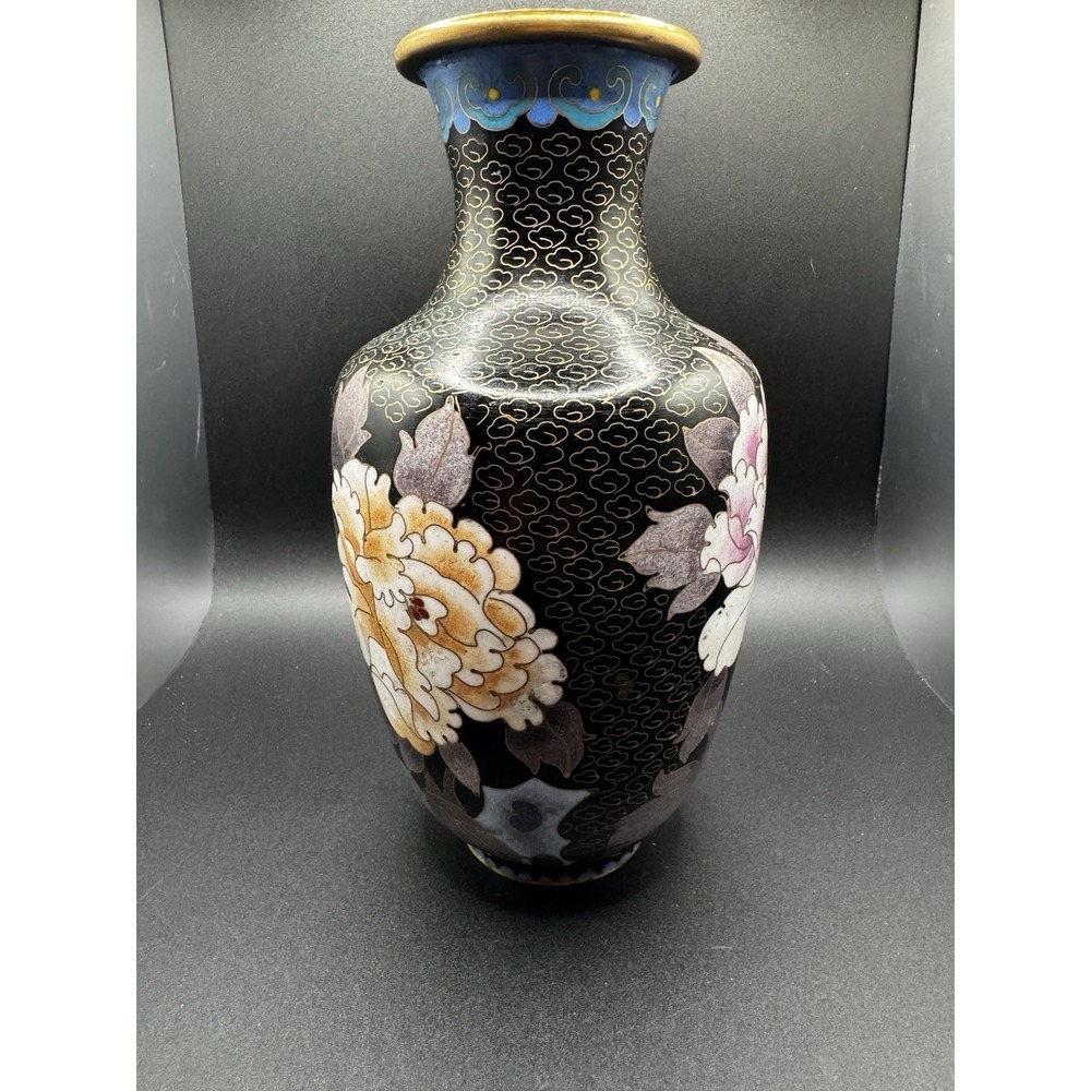 Vintage Brass And Cloisonne Vase China - 8" Flowers Butterfly - Pink & Yellow - Picture 2 of 13